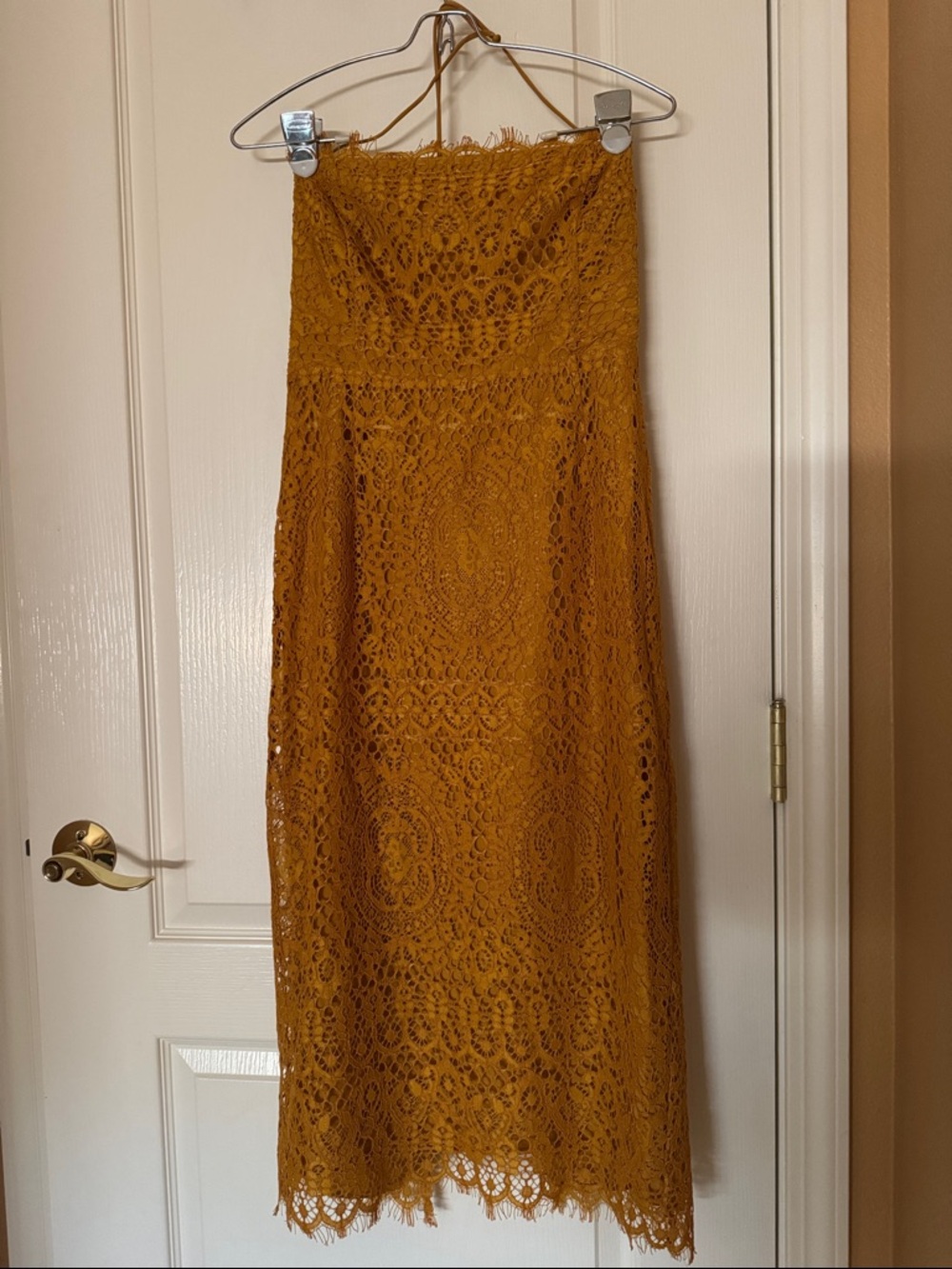 ASOS Strapless Lace Midi Dress in Mustard Yellow